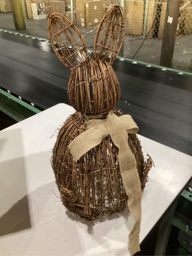 Condition photo showing Good Condition for 20 inch set of 2 easter rattan bunny decor outdoor with led lights, large bunny with bow wicker statue easter porch decoration for home indoor porch farmhouse spring decor 20 inch easter rabbit