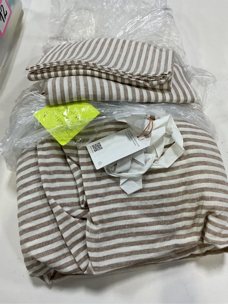 Condition photo showing As Is for quince european linen fitted sheet set, king, latte/white stripe