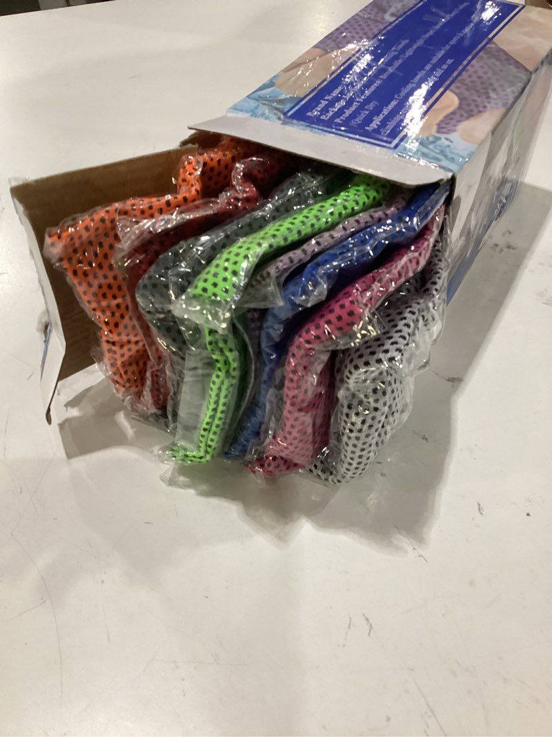 Condition photo showing As Is for menoly 10 pack cooling towels, sweat cooling towels for neck and face, microfiber towel soft breathable towel for gym, yoga, camping, running, fitness, workout & more activities(32\"x12\"), incomplete, missing two