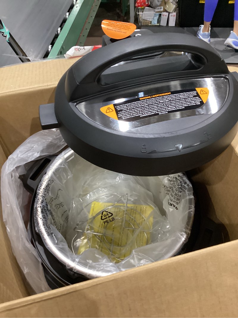 Condition photo showing As Is for instant pot, 6-quart whisper quiet 9-in-1 electric pressure cooker, slow rice steamer, sauté, yogurt maker, warmer & sterilizer, free app with 800+ recipes, stainless steel 6 quarts