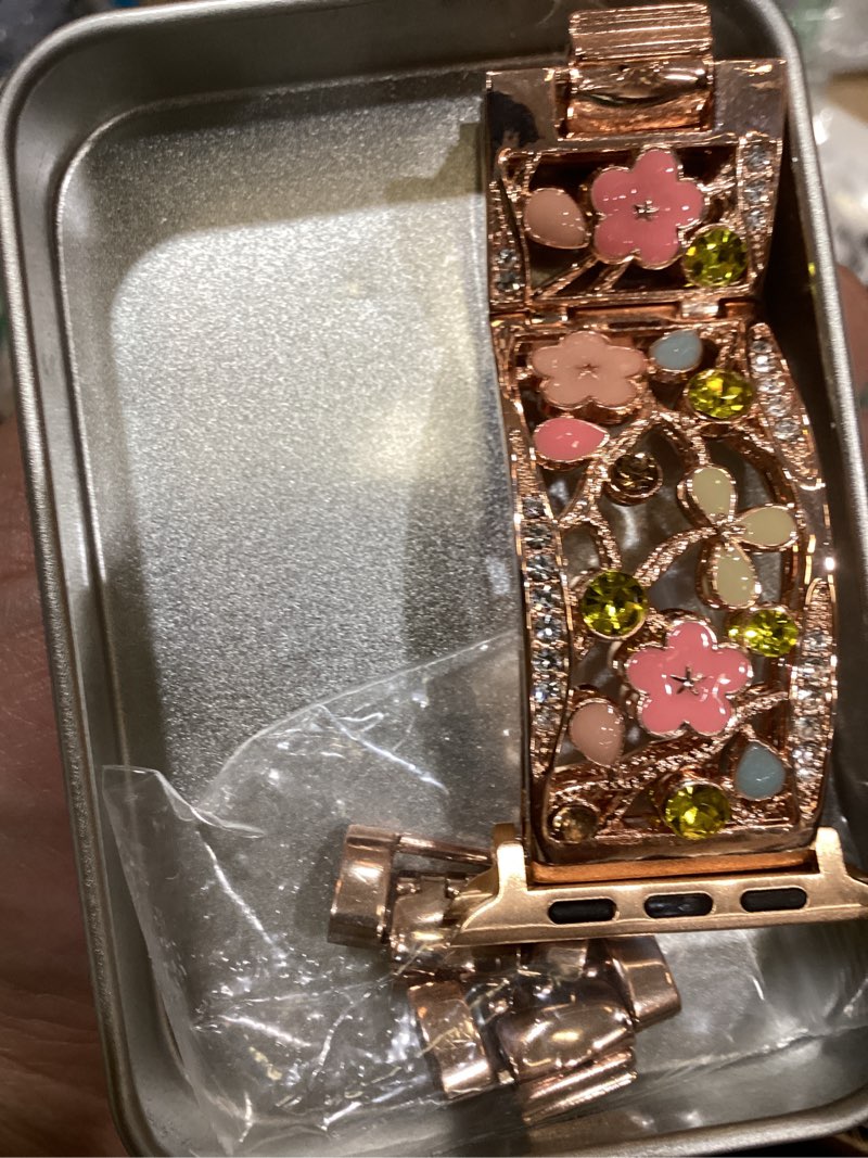 Condition photo showing Good Condition for floral bracelet compatible with apple watch band 42mm 44mm 45mm 46mm 49mm iwatch series 11 10 9 8 7 6,bling crystal hollow metal strap,women dressy jewelry wristband(42/44/45/46/49mm,rose gold) 44/45/46mm rose gold