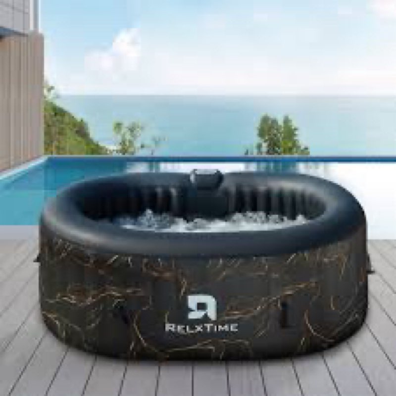 relxtime 2 person inflatable hot tub with energy-saving insulation cover, led lamp,oval portable blow up hottub, outdoor black spa with 100 bubble jets , drink tray and filter cartridges