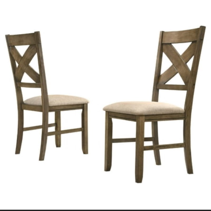 Roundhill Furniture Raven Cross Back Upholstered Dining Chairs in Glazed Pine Brown Finish  Set 2