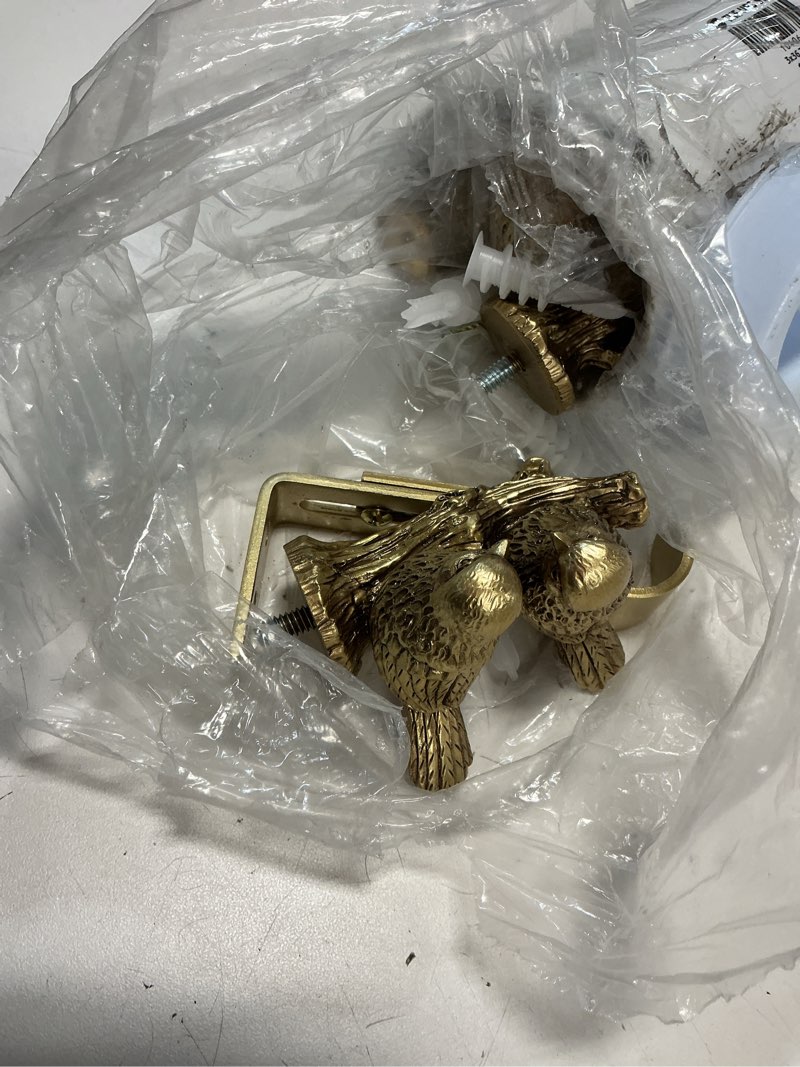 Condition photo showing As Is for 1 inch single curtain rods 36 to 72 inches adjustable drapery rods for window width 24 to 68 inches, twin birds on twig finials, brushed gold gold 36-72''