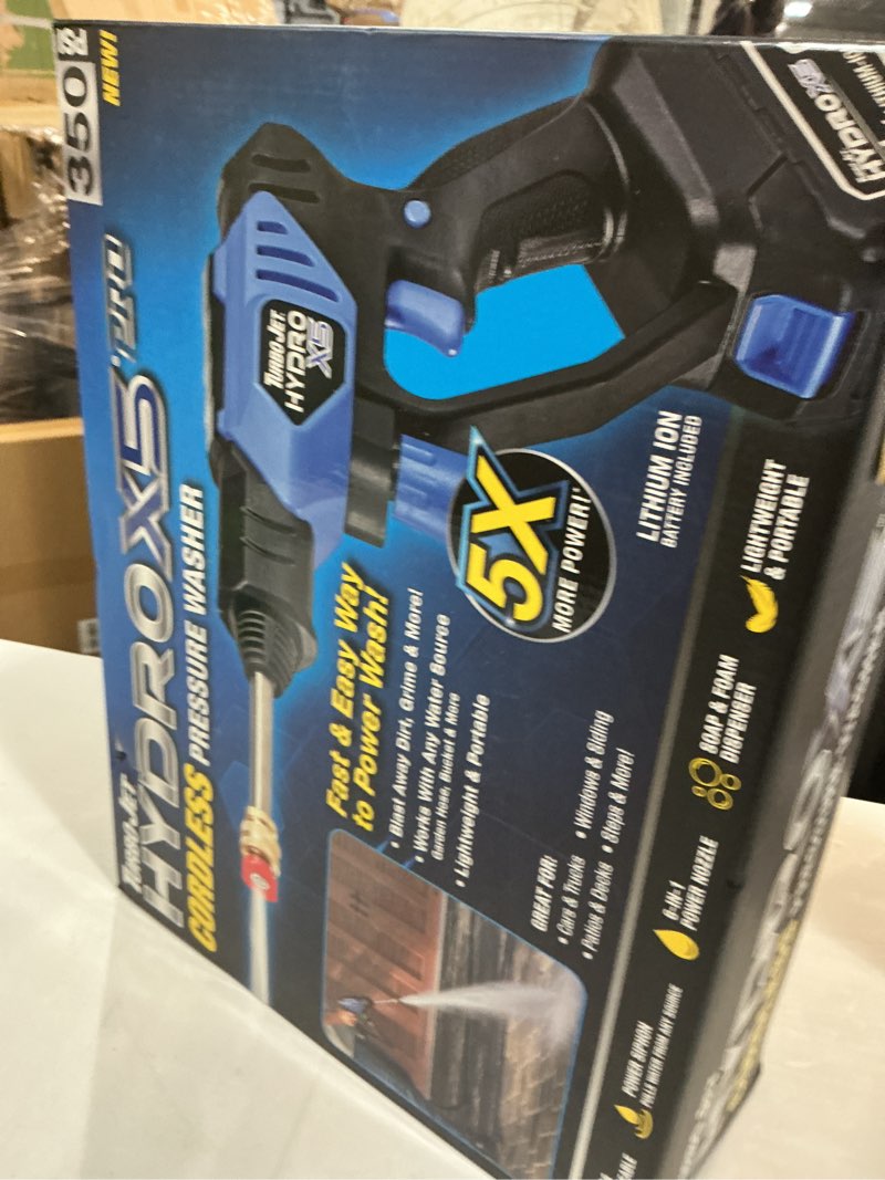 Condition photo showing New/Like New for ontel turbo jet hydrox5 pro portable cordless pressure washer (21v 3000mah battery), 6-in-1 nozzle, dual water source, 16ft detachable hose