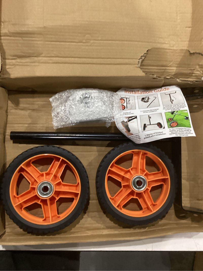 Condition photo showing Good Condition for string trimmer wheel attachment 7" adjustable auxiliary wheels for push lawn mowers, heavy duty universal stabilizer wheels, easy install height adjustment wheel kit for uneven lawns