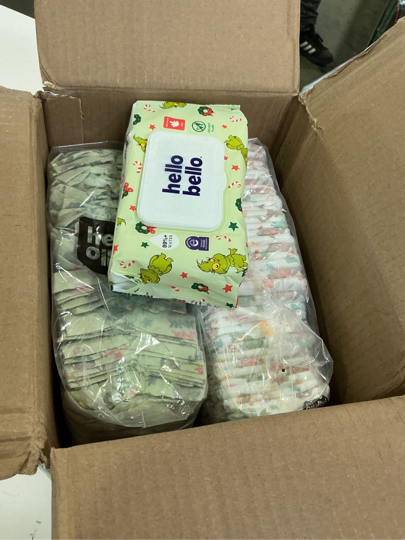 Condition photo showing New/Like New for Hello Bello Dr. Seuss Baby Grinch Premium Diapers, Size 2 (10-16 lbs), 74ct Plus Bonus Wipes: Softness & Protection for Sensitive Skin Size 2 Dr. Seuss Baby Grinch
