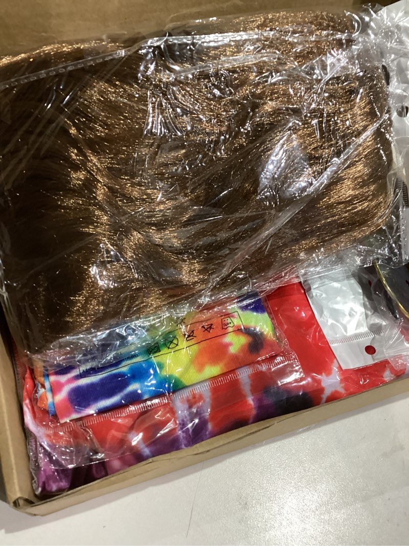 Condition photo showing New/Like New for Norme 5 Pieces Mardi Carnival Hippie Costume for Men Women 70s Tie Dye T-shirt Peace Sign Necklace Headband Wig Sunglass 3X-Large Classic