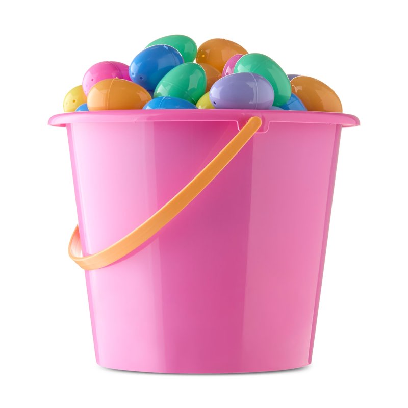 Easter Cle@rance Find Jumbo pink pail filled with 96 eggs.
