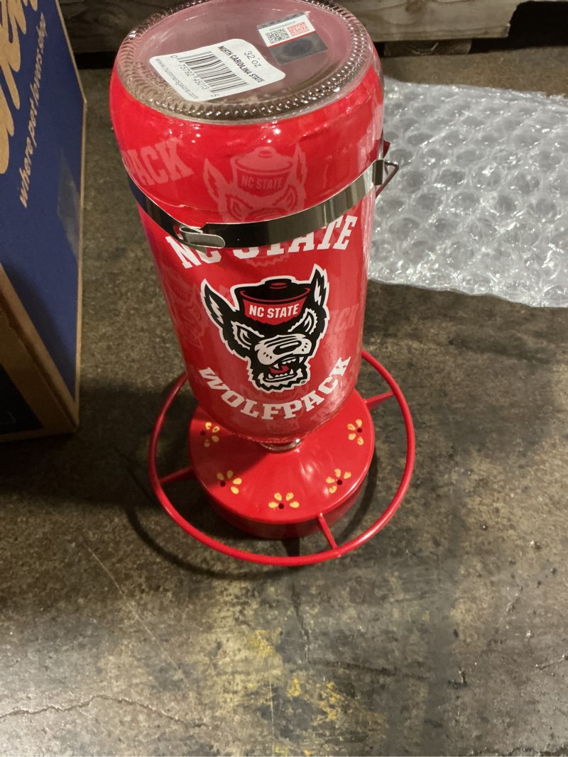 Condition photo showing New/Like New for Hummers Galore ? Hanging Glass Hummingbird Feeder  NCAA North Carolina State University Wolfpack Design  for Outdoors  Backyard  Patio  and Garden  8 Feeding Stations  Red Base & Perch  32 Oz
