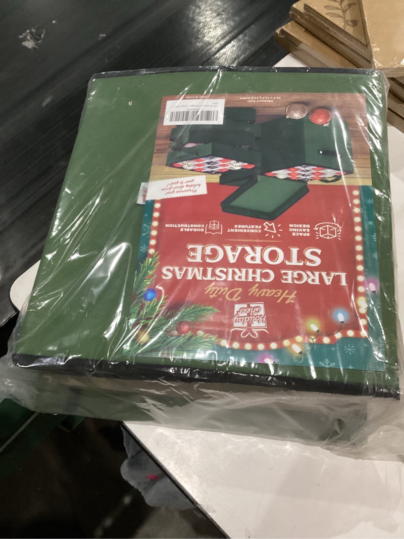 Condition photo showing Good Condition for Holiday Cheer Premium Christmas Ornament Storage with 8 Tray – Christmas Storage Container with Dividers Perfect for Holiday Decorations– Fits 128 Holiday Ornaments – Tear-Proof Fabric Green Large