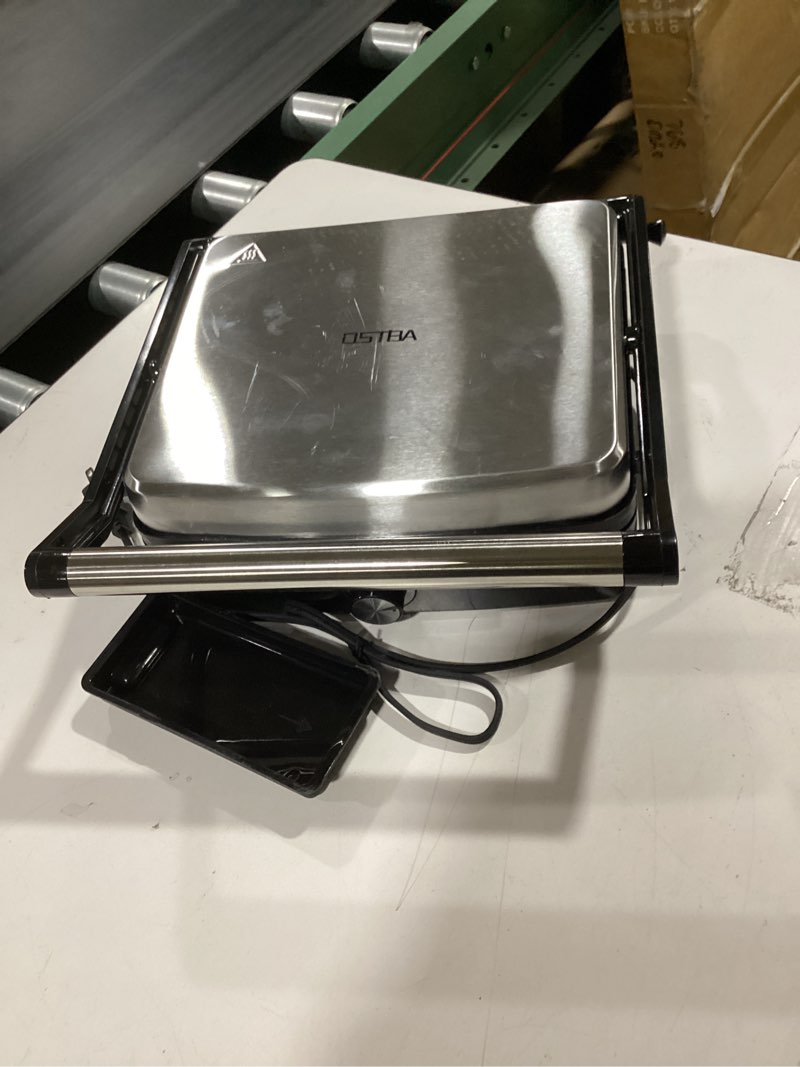 Condition photo showing Good Condition for ostba panini press grill with adjustable temperature, 4-slice indoor grill, 180° open sandwich maker with drip tray, non-stick plates, stainless steel, 1200w abc19