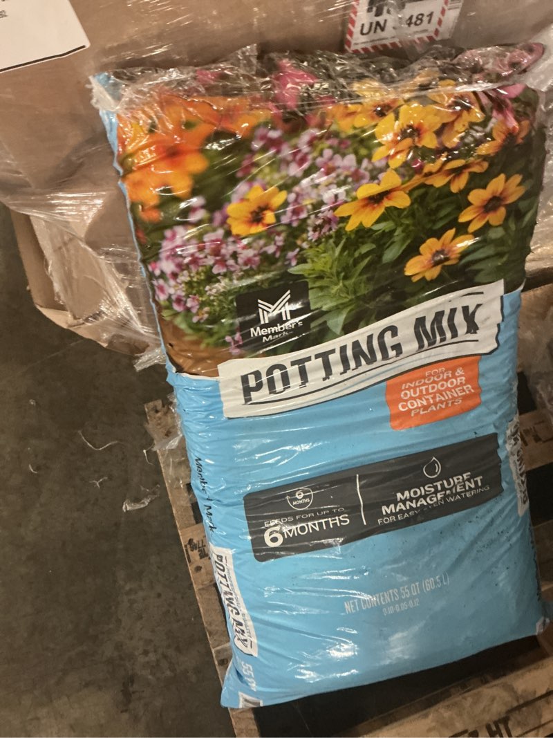 Condition photo showing As Is for member's mark potting mix planting soil, 55 quarts