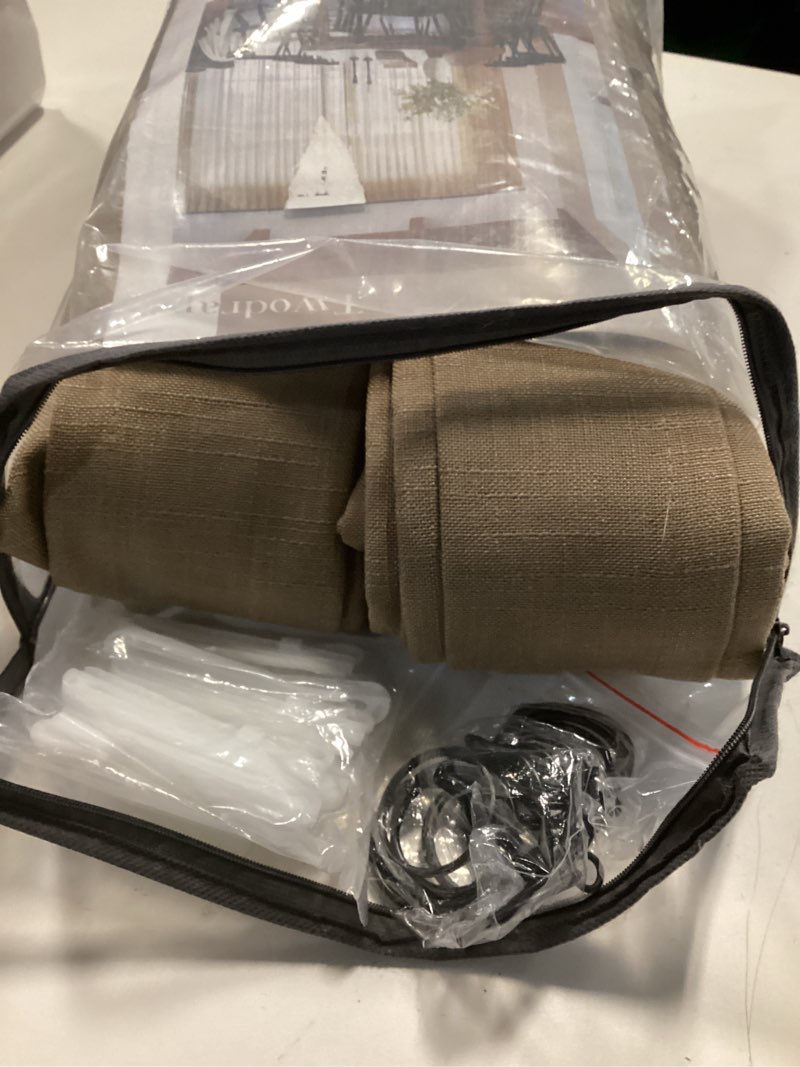 Condition photo showing Good Condition for Tan Brown Linen Pinch Pleated Curtains 108 Inches Long 2 Panels for Living Room Bedroom Light Filtering Drapes 108 Inch Length Light Brown Latte Semi Sheer Memory Shape Trained Ceiling Floor Curtain Latte 40"W x 108"L (Pack of 2)