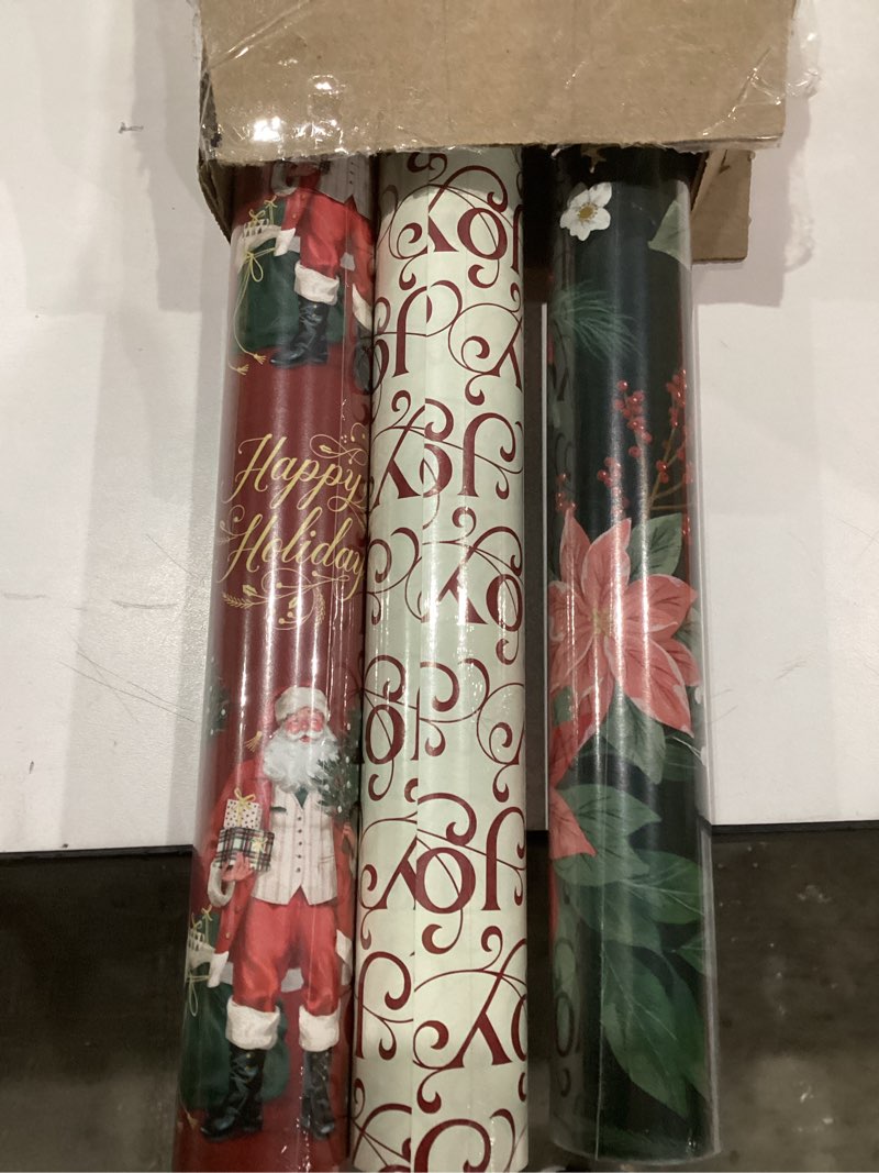 Condition photo showing As Is for Hallmark Reversible Christmas Wrapping Paper (3 Rolls: 120 sq. ft. ttl) Merry Holidays, Snowflakes, Snowmen, Red Stripes