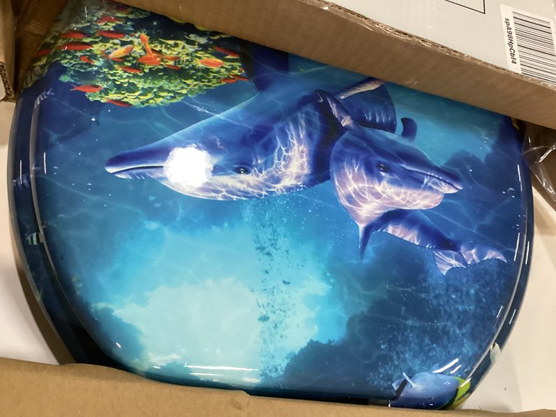 Condition photo showing Good Condition for Angol Shiold Soft Close Wood Toilet Seat ROUND, Quiet and Slow Close Lid and Seat, Quick Release Easy Installation & Clean Hinges(16.5-inch, Blue Ocean Dolphins Family) Round -16.5"