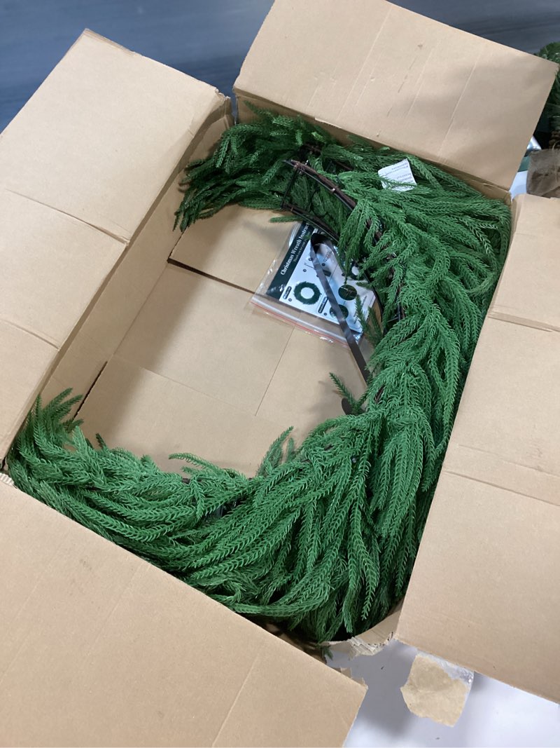 Condition photo showing As Is for NUPTIO Large Christmas Wreath with Lights: 36 Inch Prelit Real Touch Norfolk Pine Wreaths with Hook for Outdoor Front Door - Realistic Xmas Decorations 100 LED 8-Mode with Remote Timer for Holiday