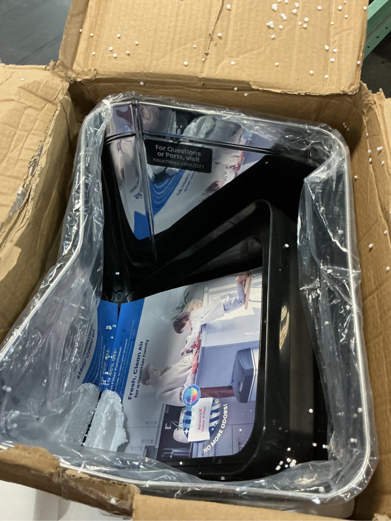 Condition photo showing As Is for iTouchless 8 Gallon Pet-Proof Sensor Trash Can with AbsorbX Odor Control System, Stainless Steel Kitchen Garbage Bin Prevents Dogs and Cats Getting in, Battery or AC Adapter Power (Both not Included) Silver