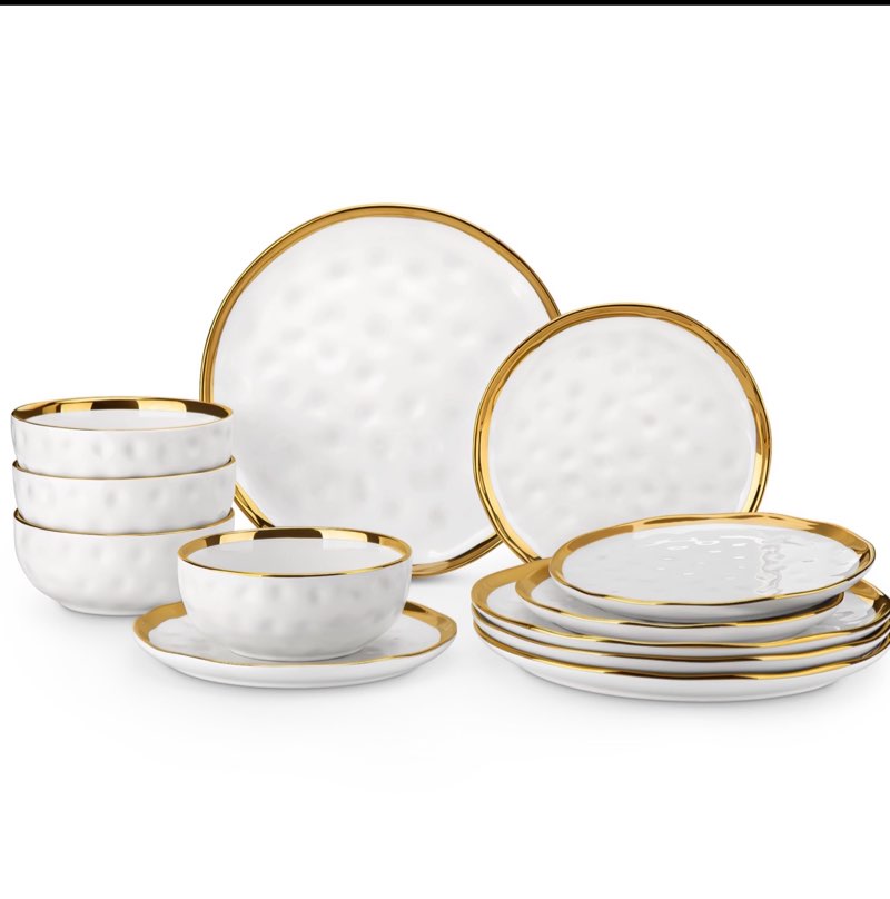 LOVECASA 12 Pieces Plates and Bowls Sets, Porcelain White and Gold Dinnerware Sets, Round Dinner Plates Dishes Set Service for 4, Dishwasher Safe and Scratch Resistant, White