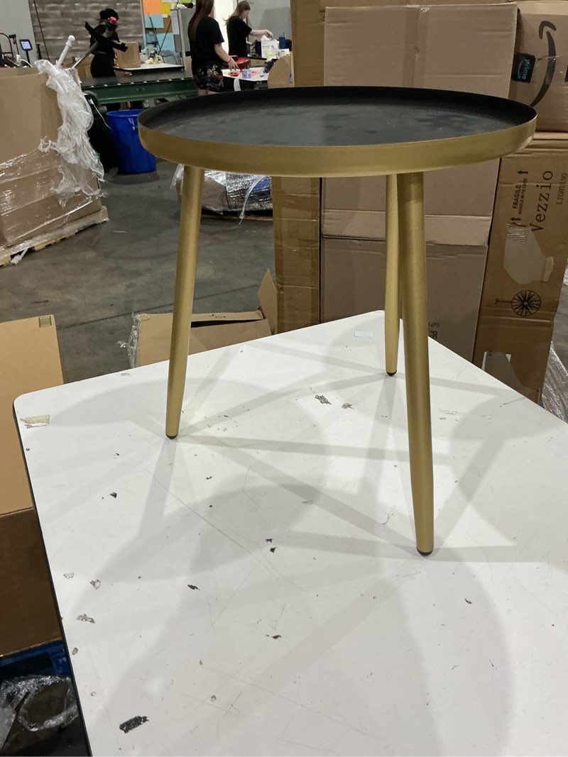 Condition photo showing As Is for mygift gold end table, metal nightstand, 22 inch tall round side table with matte black tray top for living room sofa side table bedroom plant stand home decor
