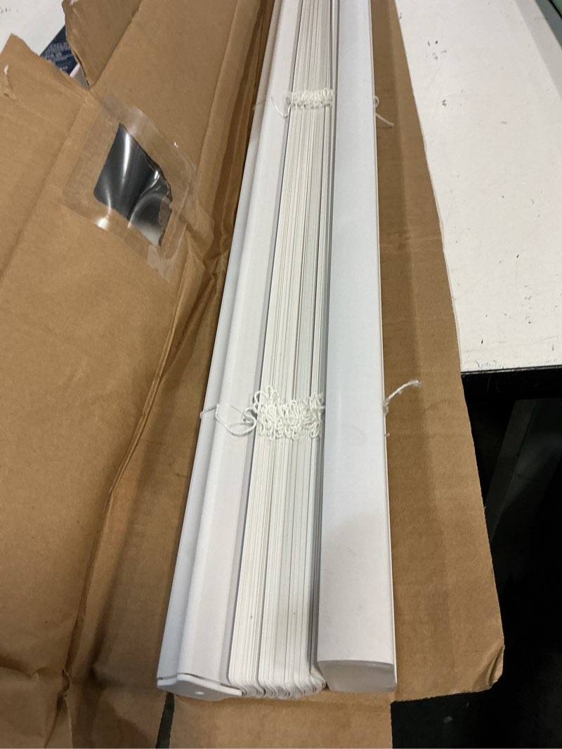 Condition photo showing As Is for project source light filtering 1-in slat width 35-in x 64-in cordless white vinyl light filtering mini-blinds