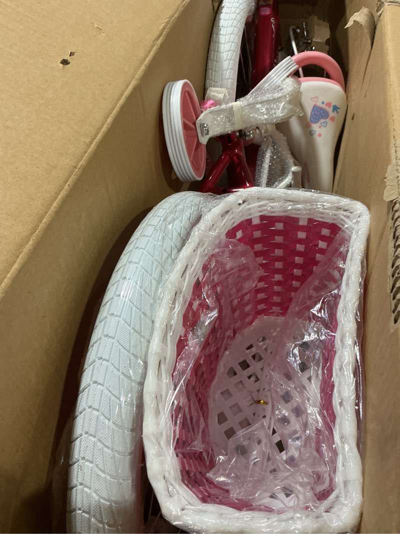 Condition photo showing As Is for joystar angel girls bike for toddlers and kids ages 2-13 years old, 12 14 16 18 20 inch kids bike with training wheels & basket, 20 24 inch girls bicycle with handbrake & kickstand fuchsia 18 inch with training wheels & kickstand