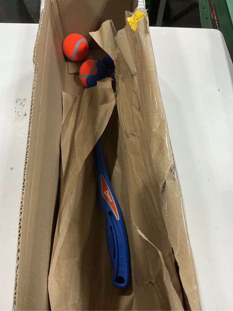 Condition photo showing As Is for chuckit! the duo 22m double launcher dog toy, 22" length, includes 2 medium tennis balls (2.5") size medium for breeds 20-60lbs, multi-dog and pack play