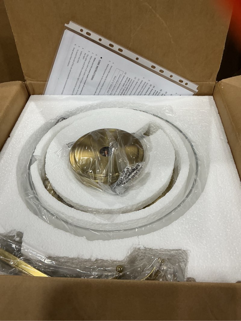 Condition photo showing New/Like New for wuzups chandelier rustic farmhouse industrial round ceiling pendant led light fixture with clear glass shades for dining room kitchen island foyer entryway, h 17" x w 13.4", e26 base, brushed gold h 17" * w 13.4" pendant light, brushed gold, 1-light