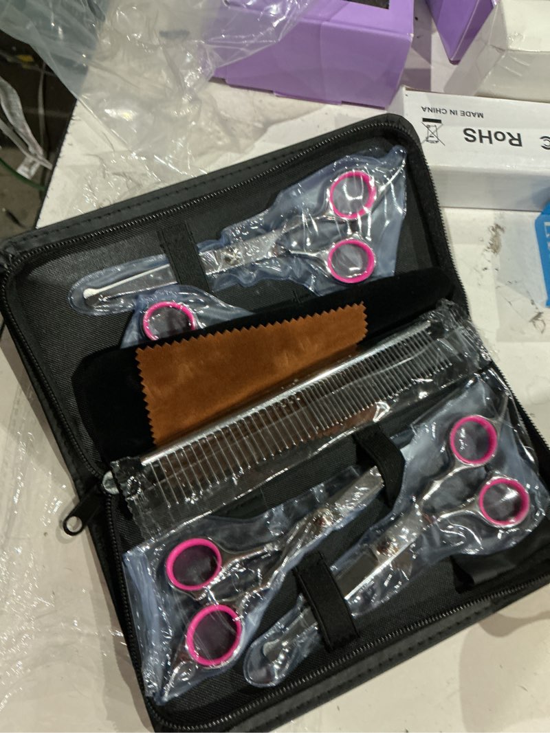 Condition photo showing Good Condition for 6 in1 professional dog grooming scissors kit, dog shears for grooming with safety round tips, titanium coated grooming scissors for dogs cat pet at home pink 6 in 1