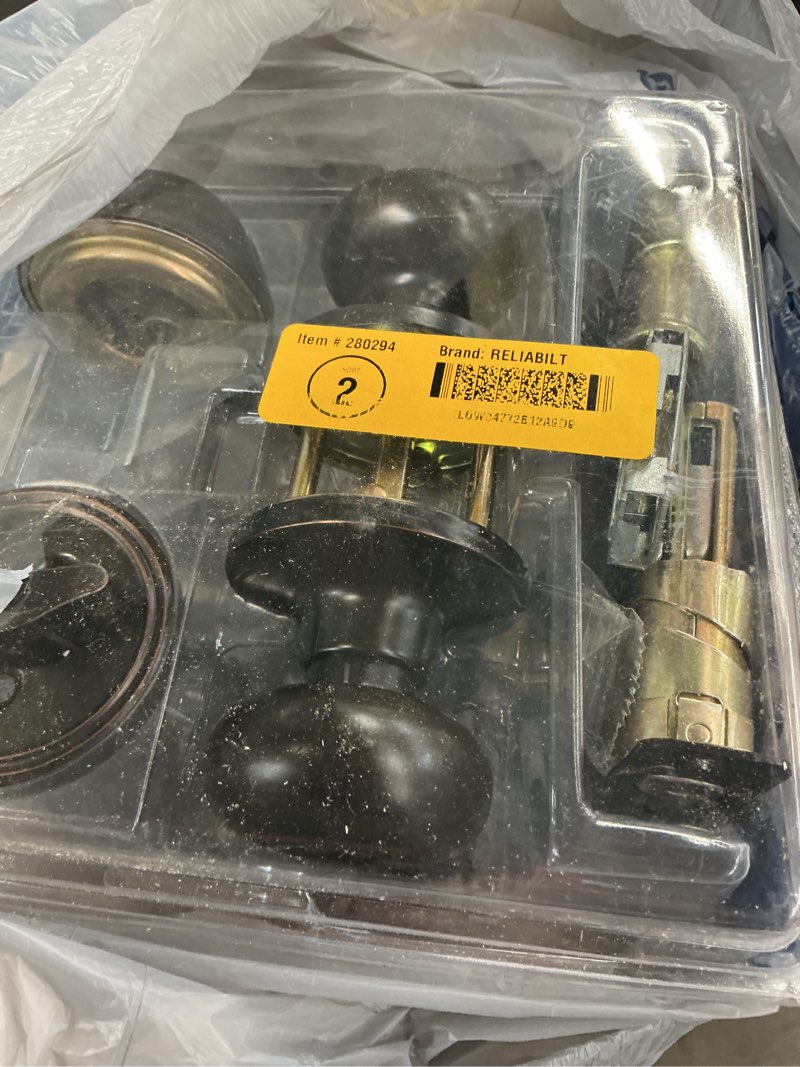 Condition photo showing As Is for reliabilt baron antique bronze exterior single-cylinder deadbolt and keyed entry