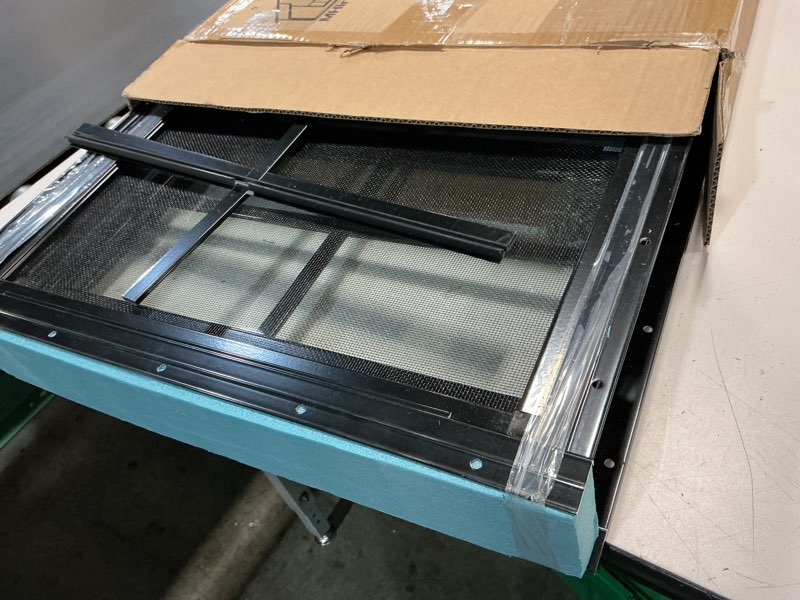 Condition photo showing Good Condition for 2 pack shed windows, 18'' x 23'' household windows with tempered glass and fiberglass screen for shed, flush mount sliding window for chicken coop, playhouse, garage, black 18'' x 23'' black