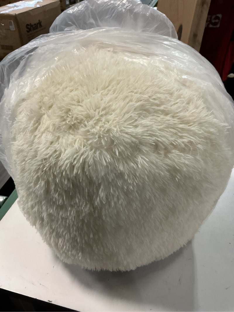 Condition photo showing Good Condition for higogogo round stuffed pouf ottoman, long faux fur poufs with foam chunk filling, fluffy and furry pouf foot stool storage ottoman, 20 x 15 floor poufs foot rest for living room, beige 20inch beige