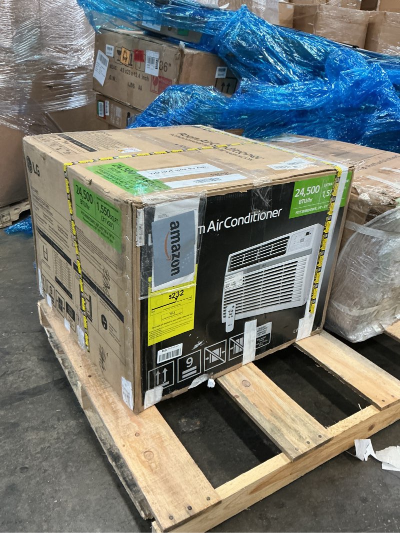 Condition photo showing Good Condition for lg 24,500 btu window air conditioner, 230v, cools 1,560 sq.ft. (39' x 40' room size), quiet operation, electronic control with remote, 3 cooling & fan speeds, auto restart, white | 230v, remote control, 3 cooling and fan speeds, auto-restart, electronic controls, quiet operation, rooms up to 1560 sq.ft