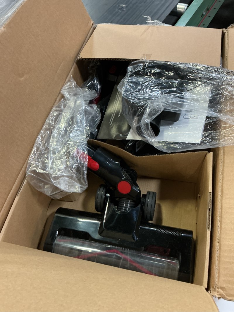 Condition photo showing As Is for newbulig cordless vacuum cleaner, removable stick vacuum with led touch screen, self-standing, 35mins runtime, lightweight handheld for pet hair, hard floor, carpet modern black red 11"*11"