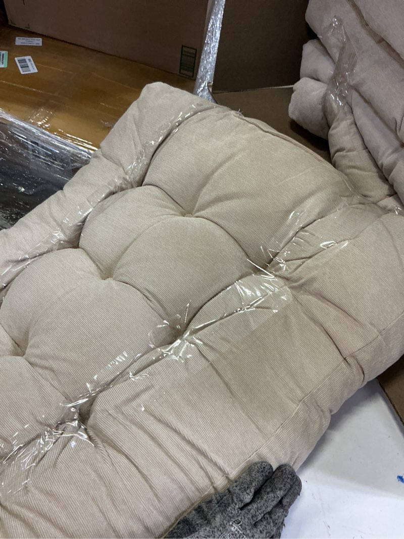 Condition photo showing As Is for 19” x 19” beige outdoor seating cushions, durable weather resistant (2 coun(similar)