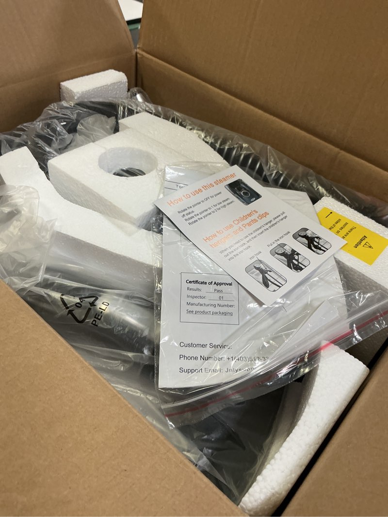 Condition photo showing Good Condition for steamer for clothes, jenaely 1500w standing garment steamers, 35s fast heat-up, 80 mins of continuous powerful steam with 2.8l water tank, pants clip & children's clothing hanger