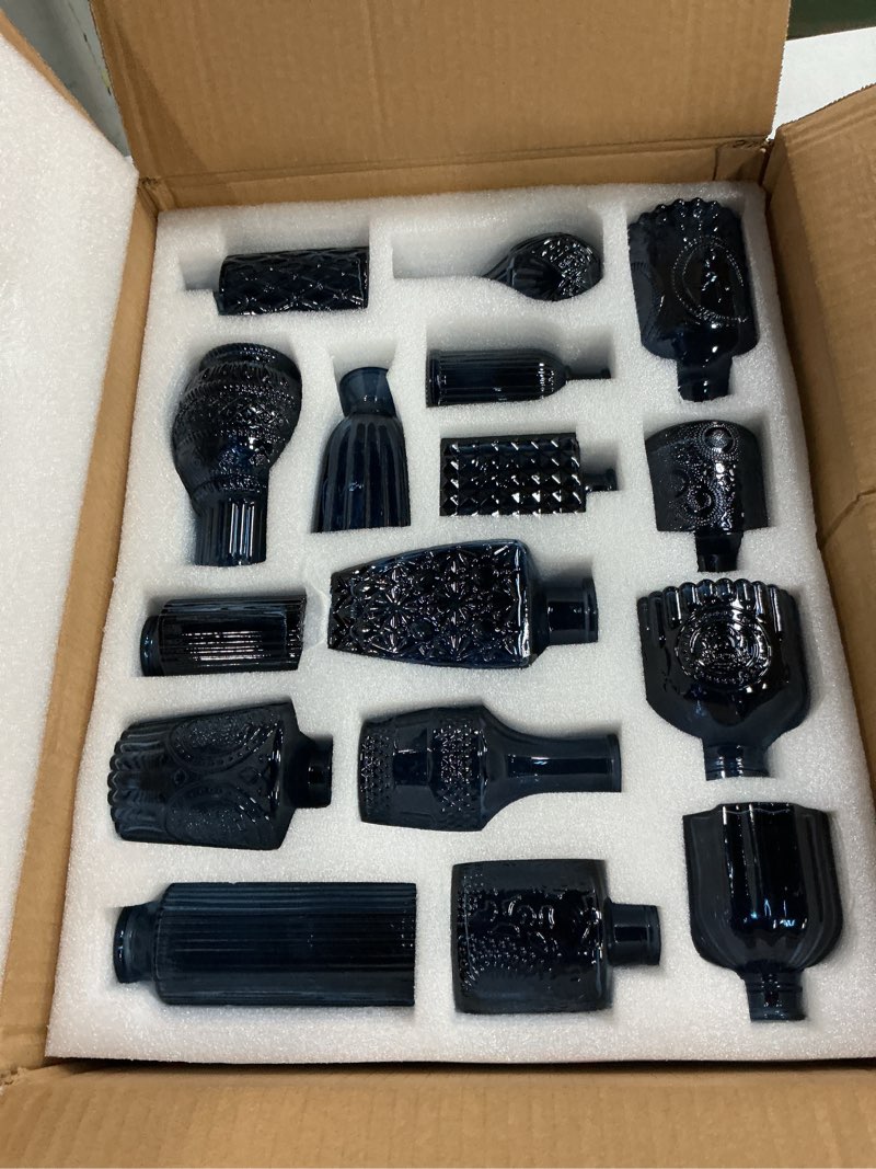 Condition photo showing New/Like New for glass bud vases set of 16 - blue assorted small mini glass vases for flowers, crystal vintage vase set, bulk centerpieces for table décor, wedding, home and events (blue, 16 pcs) blue 16 pcs