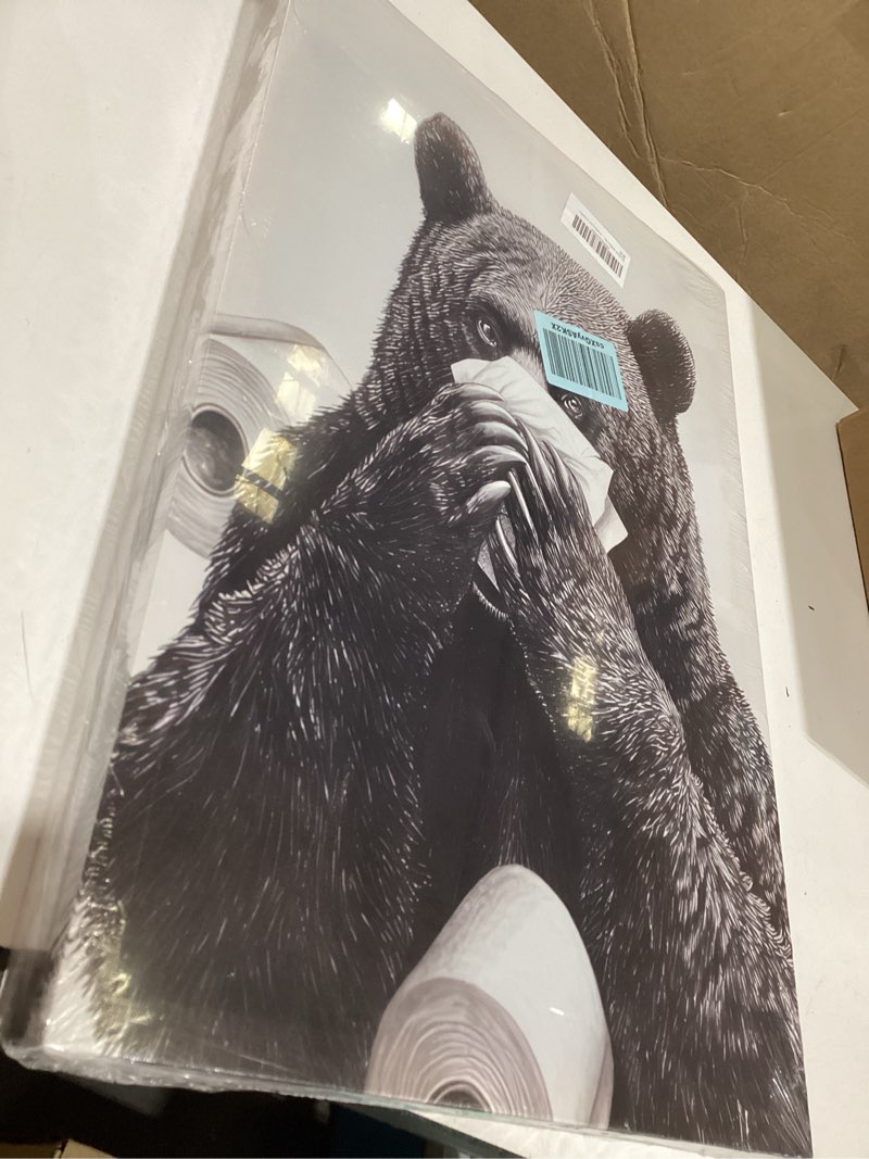 Condition photo showing New/Like New for 3pcs frame black bear bathroom wall art funny bear toilet paper covering nose painting reading newspapers pictures black and white animal wall decor posters prints for home decoration 12x16in bathroom bear canvas 16"l x 12"w