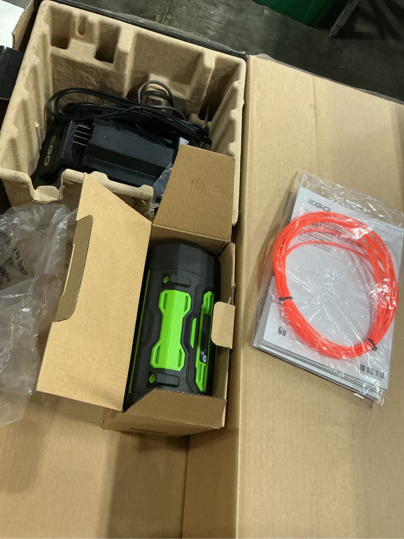Condition photo showing As Is for ego power+ multi-head system with line iq, powerload 56-volt 17-in straight shaft attachment capable battery string trimmer 5 ah (battery included) (charger included)(battery  harger and string only main component missing)