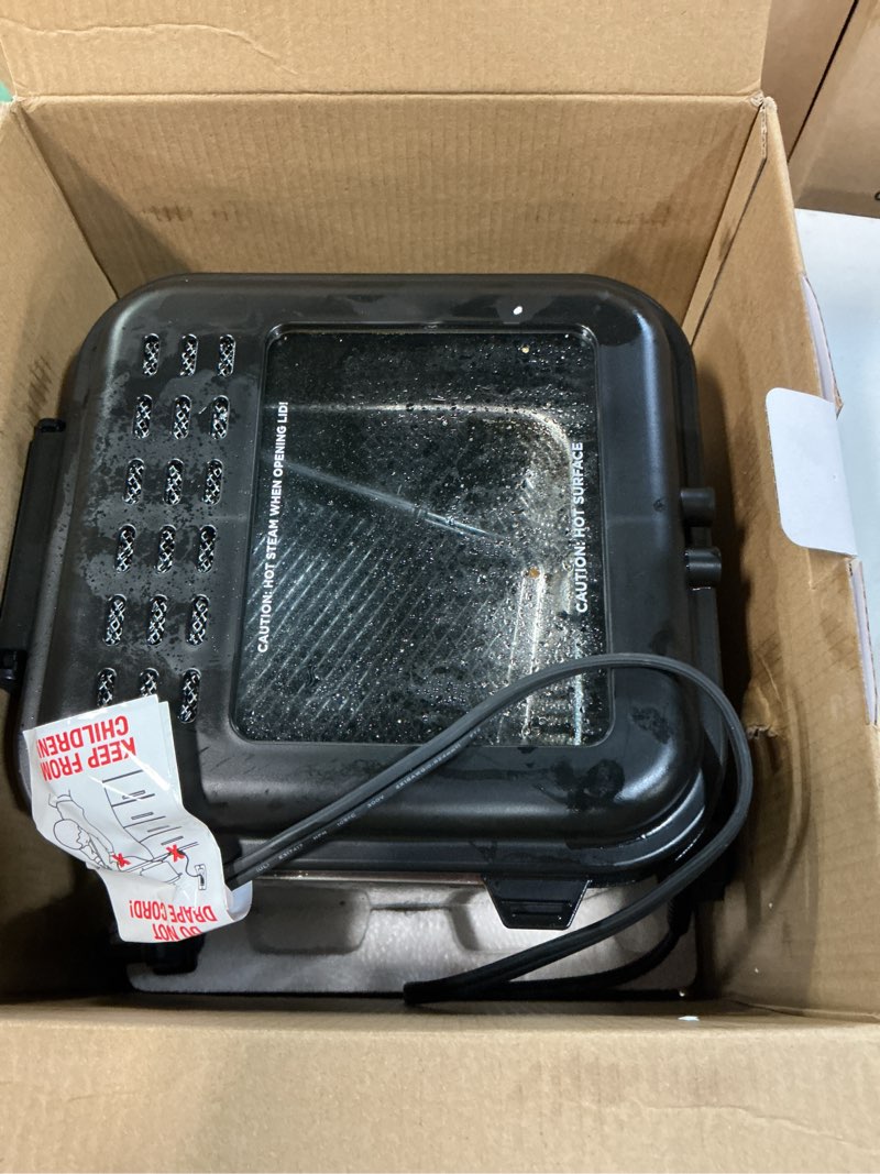Condition photo showing As Is for chefman fry guy, the most compact & convenient to deep fry comfort food, restaurant-style basket with a 1.6-quart capacity, easy-view window & adjustable temp control, stainless - 1.5 liter