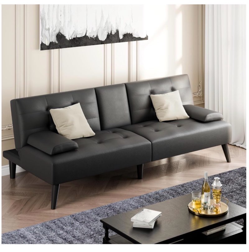 shintenchi futon sofa bed, leather foldable couch, reclining sleeper w/removable armrests, upholstered loveseat w/folding cup holders for home, office, black