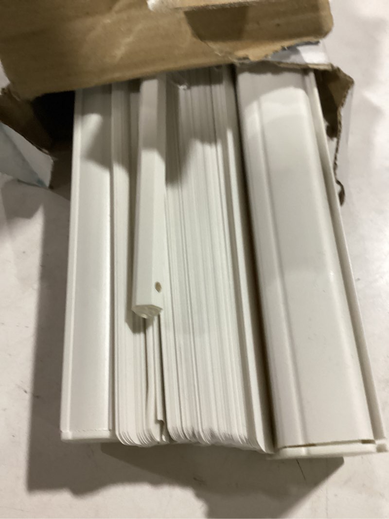 Condition photo showing As Is for mainstays 1" cordless vinyl light filtering mini blinds, white, 34" w x 64" l