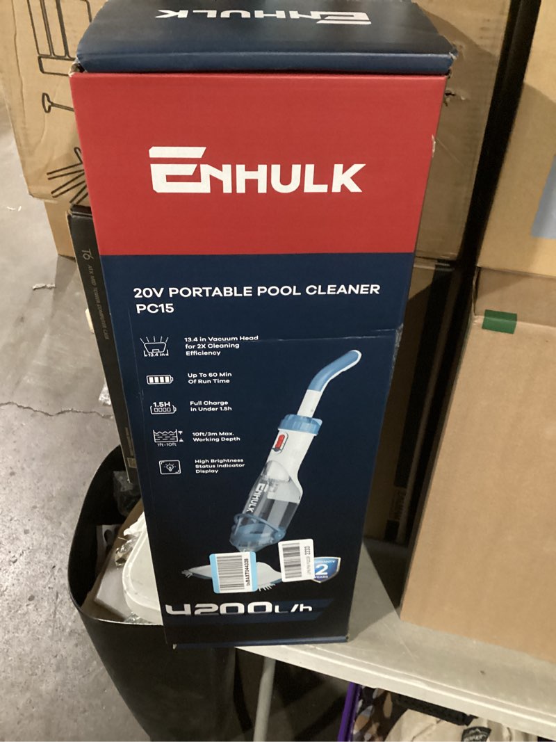 Condition photo showing New/Like New for enhulk pool vacuum for above ground pool, upgraded 13.4" wide head & telescopic pole, 18.5 gpm suction, 60 min runtime, cordless handheld rechargeable pool cleaner for inground pools (blue) pc15 blue