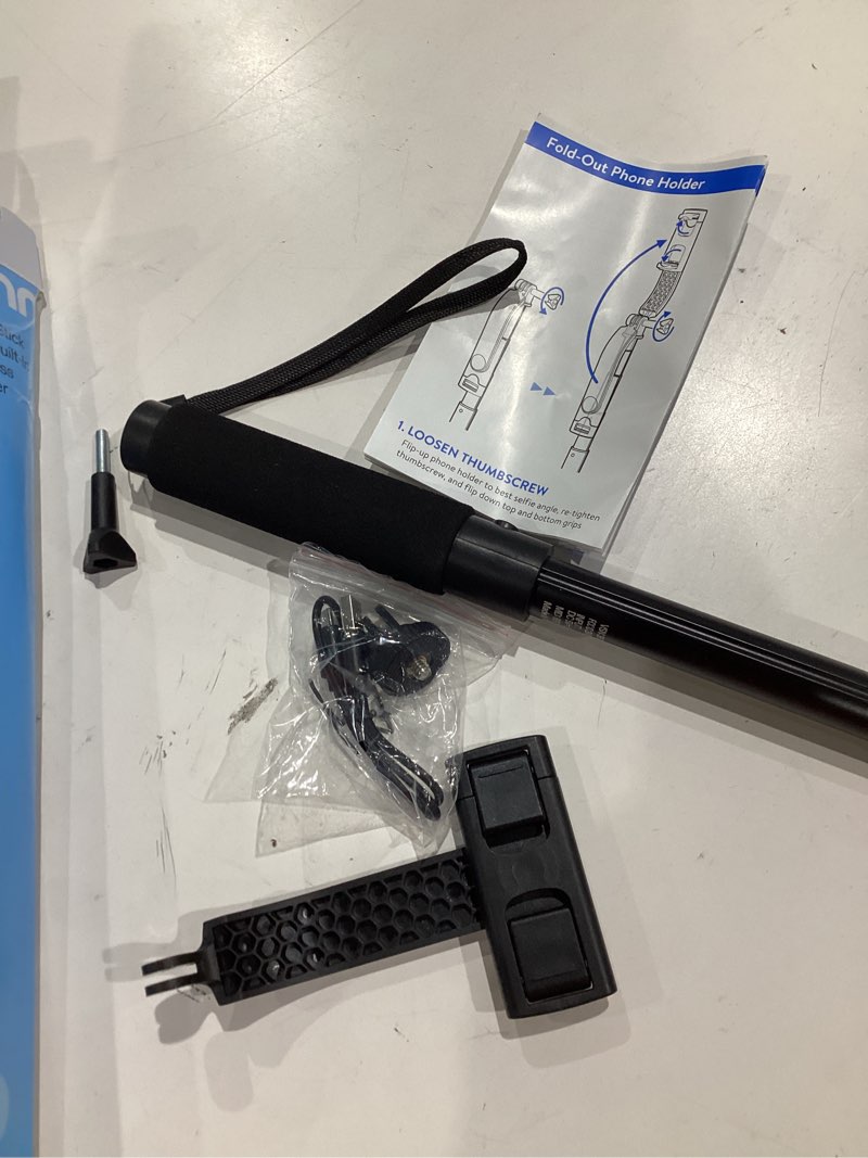 Condition photo showing As Is for onn bluetooth selfie stick – extendable to 40 in 360° rotating & tilting clamp with built-in rechargeable shutter and universal camera mount