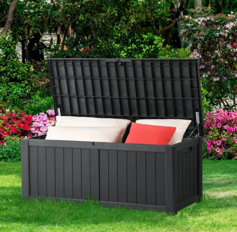 Dextrus 120 Gallon Outdoor Storage Deck Box, Large Resin Patio Storage for Outdoor Pillows, Garden Tools and Pool Supplies, Waterproof, Lockable, (Dark Grey)