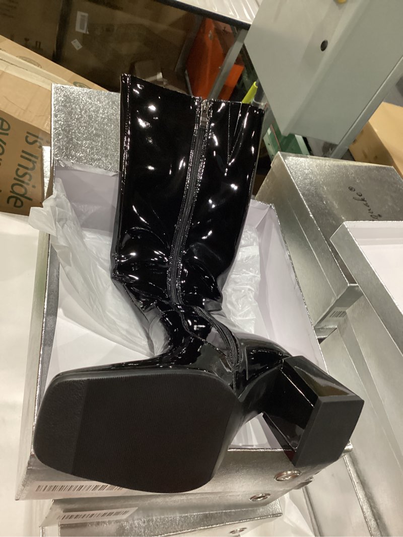 women's knee high boots block metal heel square toe side zipper soft black patent pu leather classic fashion dress long boots 6.5m