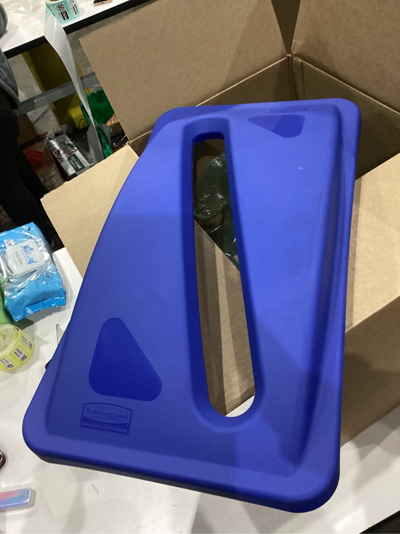 Condition photo showing As Is for Slim Jim Paper Recycling Top, 20.38w X 11.38d X 2.75h, Dark Blue