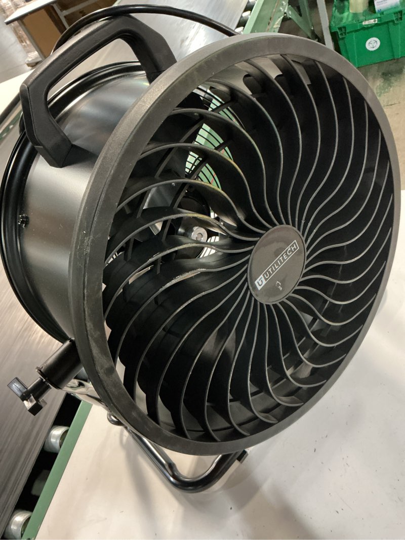 Condition photo showing As Is for utilitech 16-in high velocity indoor floor fan, in black