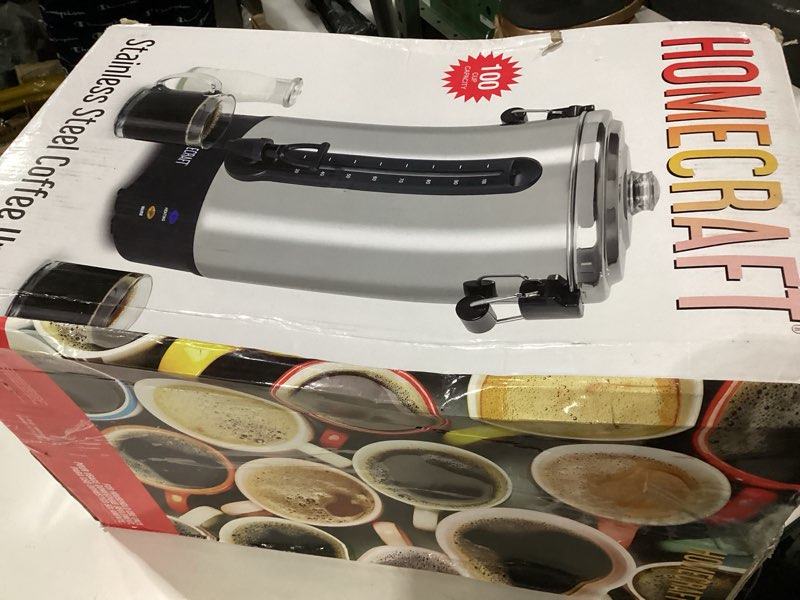 Condition photo showing As Is for homecraft 100-cup coffee urn and hot beverage dispenser with dripless faucet, quick-brewing, stainless steel 100 cup, not tested, incomplete
