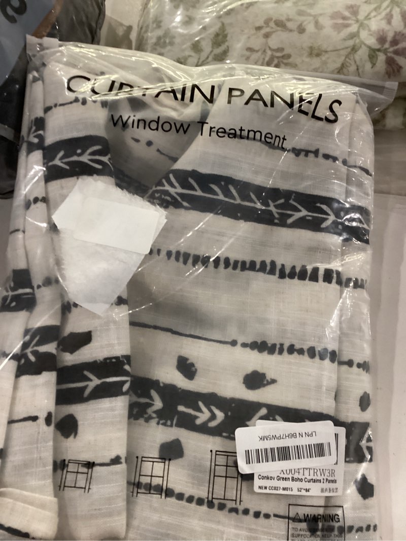 Condition photo showing Good Condition for black boho linen curtains 2 panels set 84 inches long bohemian chic striped curtains for living room,semi sheer modern farmhouse geometric printed rustic drapes for gothic decor,w52 x l84 52"w x 84"l (pack of 2) black